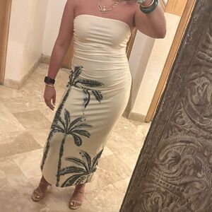 Strapless Cream Palm-Print Midi Dress